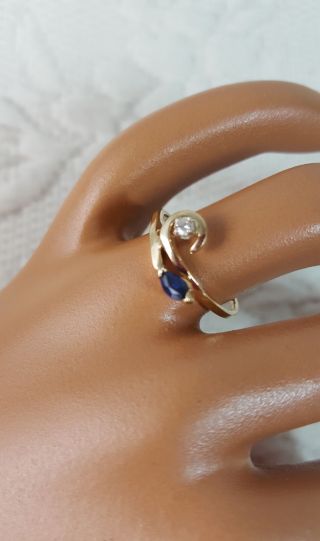 Vintage 14k Yellow Gold Diamond Marquis Blue Sapphire Snake Ring