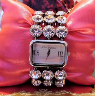 Betsey Johnson Vintage Watch White Chunky Crystal Wide 3 Row Rhinestone Bracelet