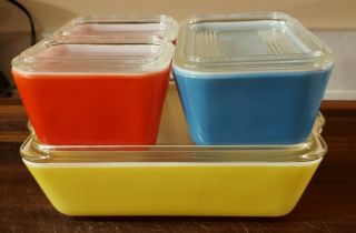 Vintage Pyrex Primary Color Refrigerator Dishes (501 Reds,  502 Blue,  503 Yellow)