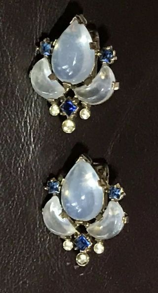 Trifari Alfred Philippe Clair De Lune Moonstone Demilune Sapphire Clip Earrings