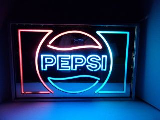 Rare Vintage 2 Sided Pepsi Mirrored Lighted Wall Sign Neon Look Tin