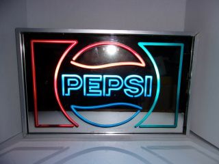 RARE Vintage 2 Sided PEPSI Mirrored Lighted Wall Sign Neon Look Tin 2