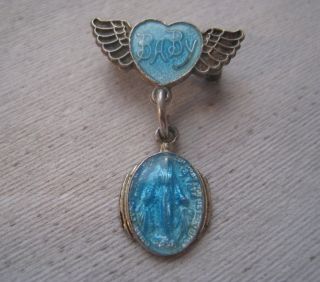 Vintage Sterling Silver Enamel Miraculous Medal “baby” Angel Wings Pin