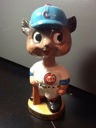 Rare Vintage 1960s Chicago Cubs Gold Base Cubby Bear W/ Bat Nodder Bobblehead