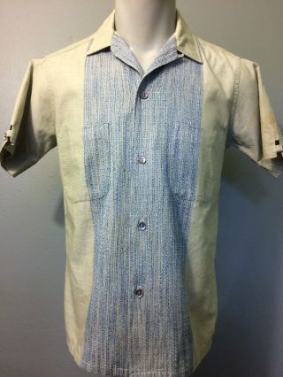 Vtg 50s 60s Cotton Shirt Mens S Rockabilly Vlv Atomic 2 - Tone Loop Collar Green