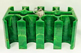 Vintage Green - Yellow Marbled Bakelite / Catalin Poker Chip Holder Caddy Tray 2