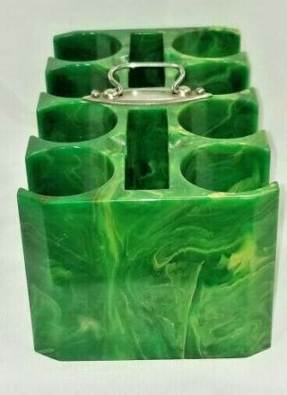 Vintage Green - Yellow Marbled Bakelite / Catalin Poker Chip Holder Caddy Tray 3
