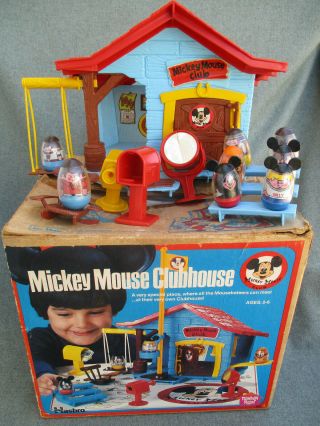 Vintage 1970s Mickey Mouse Clubhouse W Accessories,  Box & 8 Toy Weebles