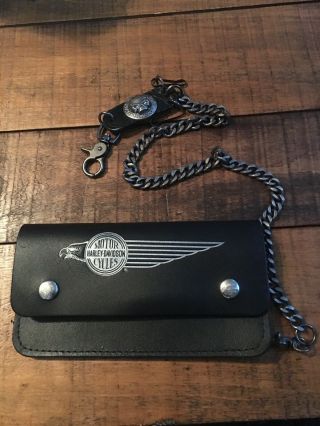 Vintage Harley Davidson Leather Trifold Panhead Shovelhead Trucker Wallet Chain