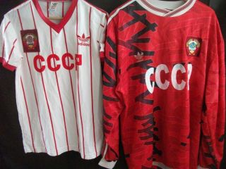 Two Vintage Adidas Cccp,  Ussr Russia Football Shirts