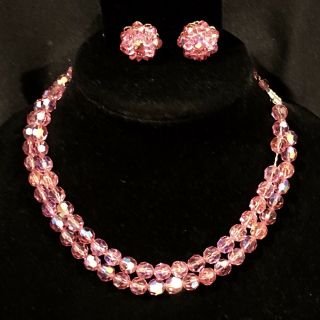 Vintage 1960’s Alice Caviness 2 Ab Pink Glass Bead Necklace & Earrings Set Rare