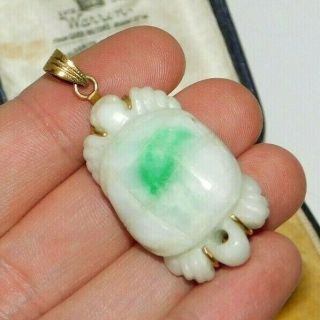 Fine,  Large,  14 Ct 14k Gold Chinese Vintage Carved Natural Jade Jadeite Pendant