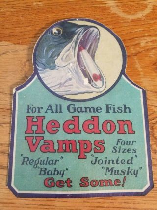 Vintage 1930s Heddon Vamps Game Fishing Store Easel Display Sign Musky Lure Old