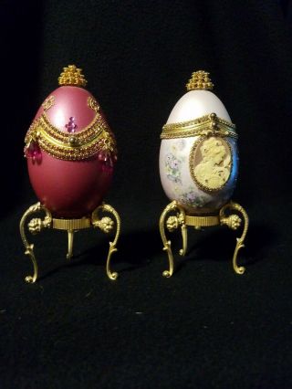 2 Ostrich Emu Egg Music Boxes Cameo Decorated Jewels Vintage