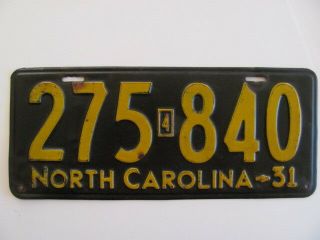 1931 North Carolina Nc License Plate Tag (275 - 840),  Vintage,  Rare,  Gc