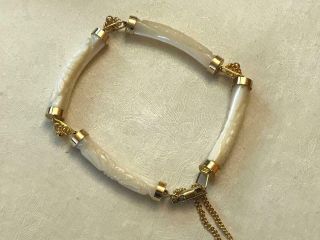 Vintage Japanese - Chinese Carved Mother Of Pearl 14k Gold Modernist Bracelet