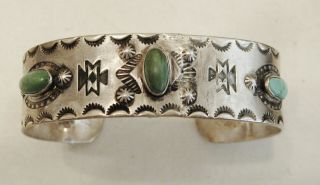 Vintage Fred Harvey Era Stamped Sterling Silver Cuff With Turquoise - Repaired