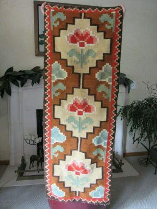 Vtg 1960s Hand Woven Floral Wool Rug Mexican American Runner 19x54 "