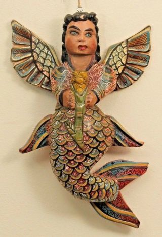 Large Vntg Wood Angel Mexican Folk Art Decorative Collectible Hand Made Flower