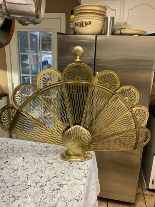 Vintage Folding Brass Fireplace Fan Screen Clam Shell Base