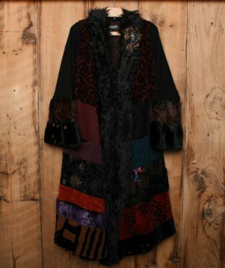 Vintage Lee Andersen Mixed Fabric Beaded Duster Long Coat Women 