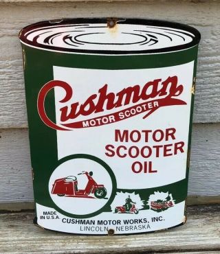 Vintage Cushman Motor Oil Can Porcelain Sign Steel Gas Oil Garage Pump Plate