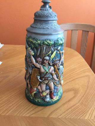 Vintage German Beer Stein With Pewter Lid 10 1/2 " Tall 1