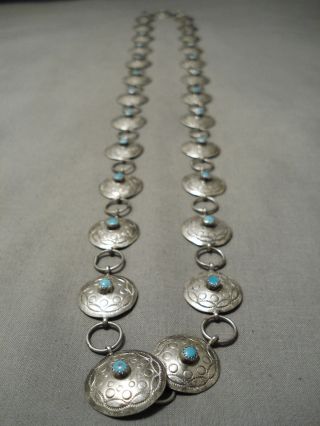 Rare Hand Tooled Vintage Navajo Sterling Silver Longer Turquoise Necklace