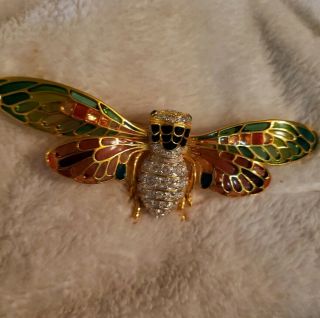Rare Joan Rivers Plique A Jour Stained Glass Bumble Bee Brooch Bug Pin