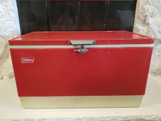 Vintage Coleman Red Cooler With 2 Inserts Metal Handles/bottle Openers