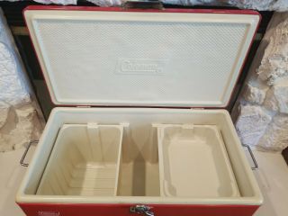 Vintage Coleman Red Cooler With 2 Inserts Metal handles/bottle openers 5