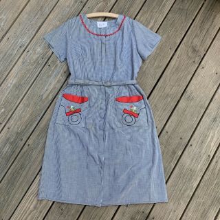 Vintage 40’s Gingham Cotton Day Dress With Belt Size L/xl