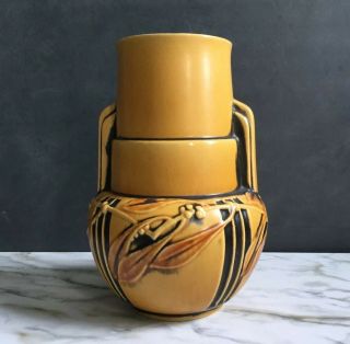 Vintage 9 1/2 " Art Deco Roseville Pottery Ochre Yellow Laurel Vase 1934 674 - 9.  25