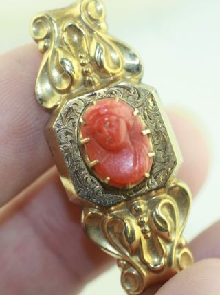 Victorian Antique Carved Coral Cameo Gold Filled Tall Bar Repousse Pin Brooch