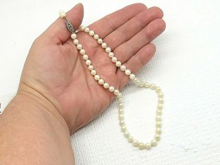 14k Gold Clasp Hand Knotted Real Creamy White 5mm Pearl 16 " Vintage Necklace