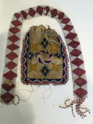 Antique Vintage Native American Hand Beaded Hide Apache Bag Bead Work For Repair