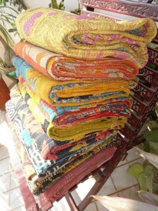 Indian Handmade Vintage Old Sari Kantha Quilt Blanket Throw Gudari