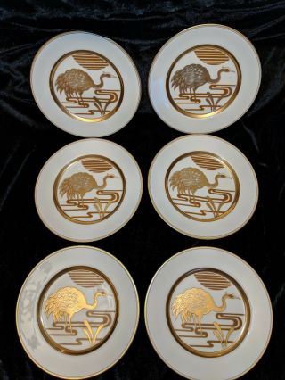 6 Vintage Asian Art Deco Style Fitz & Floyd Golden Heron Salad Plates 7.  5 