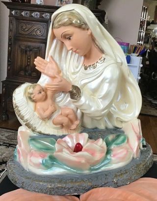 Vintage 1959 Pacini Novelty Co.  Chalkware Statue Tv Lamp Mary Baby Jesus 14”x12”