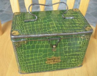 Rare Vintage Tobacco Tin Worker Cut Plug Green Alligator Skin Lunch Pail Style