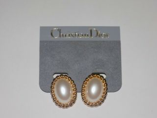 Christian Dior 1980s Clip On Earrings Faux Pearl Gold Tone