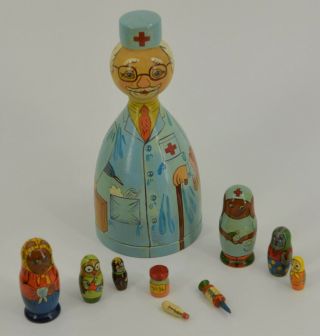 Rare Vtg Munik Russian Wood Nesting Dolls Doctor Animal Helpers Bottles Signed