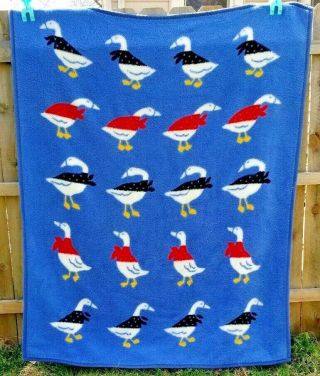 Vtg 80s Crown Crafts Throw Blanket Geese Goose Duck 71x57 Fuzzy Fleece Bedspread