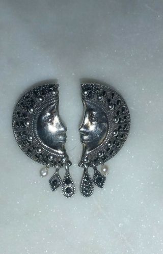 Vintage Sterling Silver Sparkling Moon Face Marcasite Gemstones Earrings