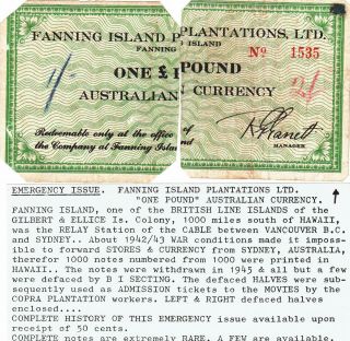 1 Pound Halved Vg - Fine Banknote From Fanning Island 1942 Hyper Rare