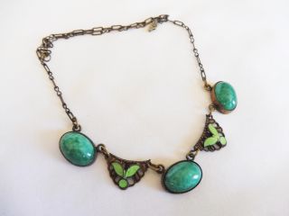 Vintage Antique Art Deco Turquoise Green Art Glass & Enamel Necklace 2