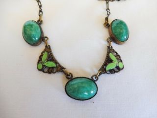 Vintage Antique Art Deco Turquoise Green Art Glass & Enamel Necklace 4
