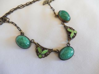 Vintage Antique Art Deco Turquoise Green Art Glass & Enamel Necklace 5