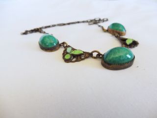 Vintage Antique Art Deco Turquoise Green Art Glass & Enamel Necklace 6