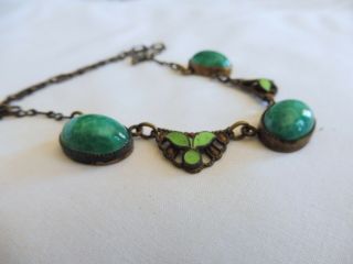Vintage Antique Art Deco Turquoise Green Art Glass & Enamel Necklace 7